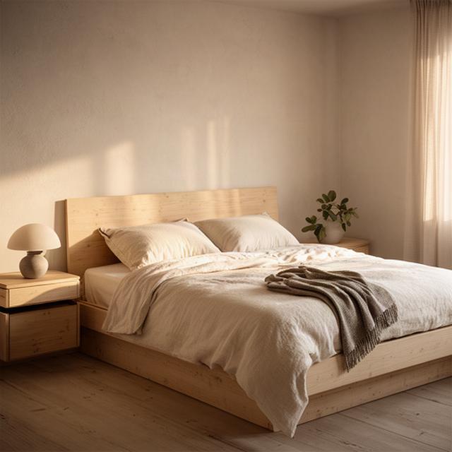 Camera da letto con letto in legno, biancheria color crema e comodino minimalista