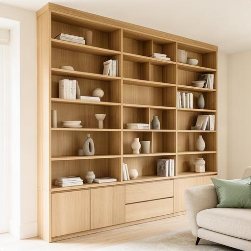 Libreria in legno realizzata su misura lungo una parete luminosa del soggiorno