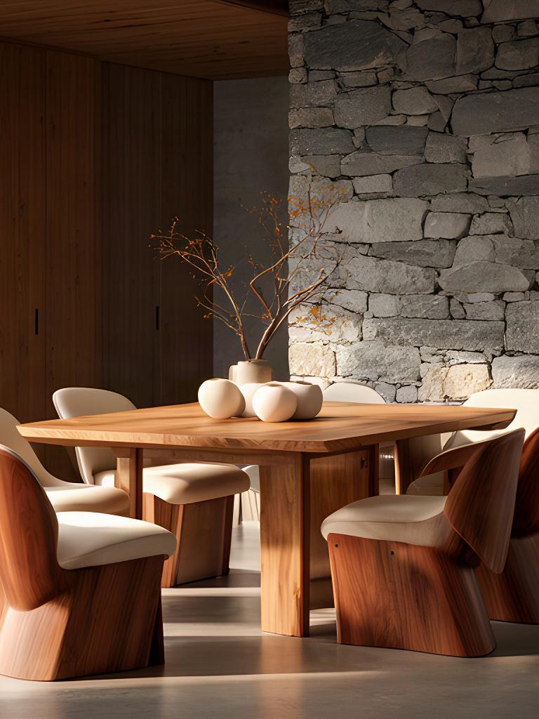 Sala da pranzo con tavolo in legno massello, parete in pietra locale e sedie dal design contemporaneo
