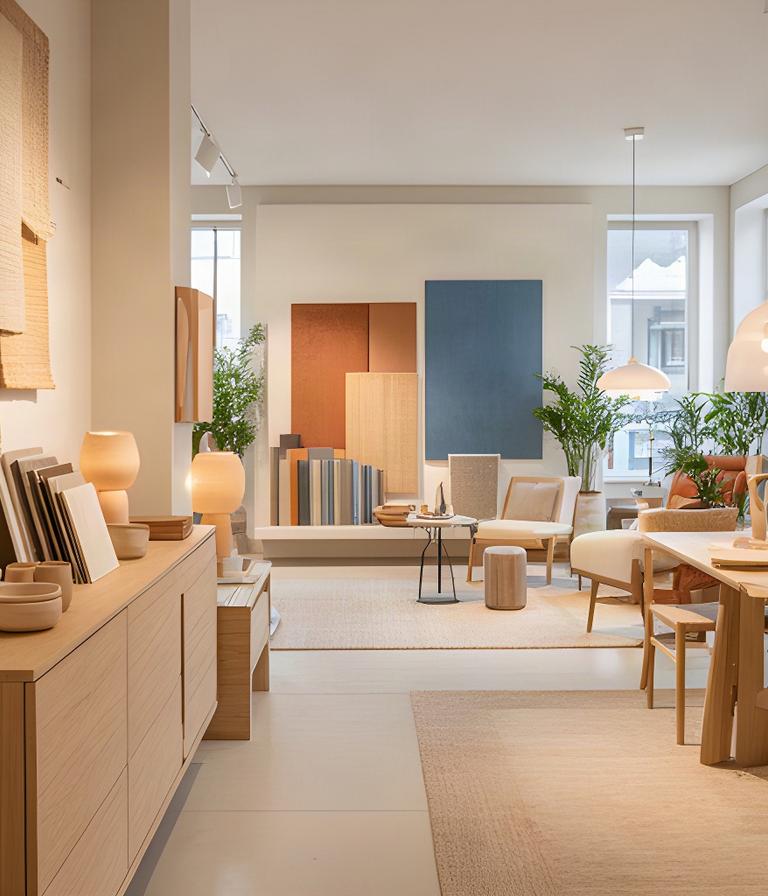 Showroom di arredamento a Trento con legno chiaro, tessuti naturali e arredi alpini contemporanei