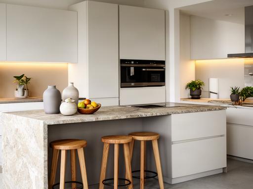 Cucina moderna con ante opache, piano in pietra e sgabelli in legno