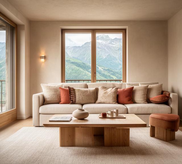 Soggiorno alpino a Trento con divano color sabbia, legno naturale e luce morbida