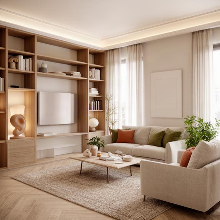 Soggiorno luminoso con libreria su misura e palette naturale nello showroom