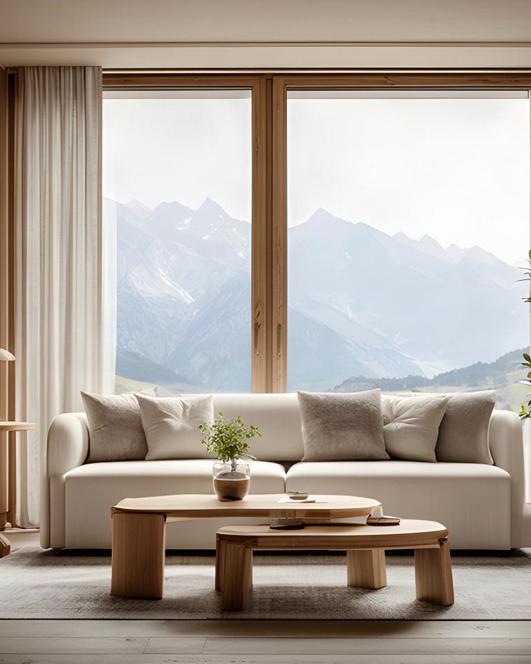 Salone contemporaneo-trentino con divano chiaro, legno naturale e grandi finestre sulle montagne
