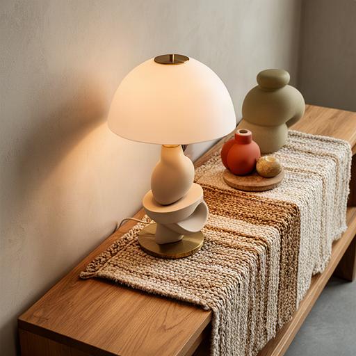 Composizione di lampada, tappeto intrecciato e oggetti decorativi su una consolle