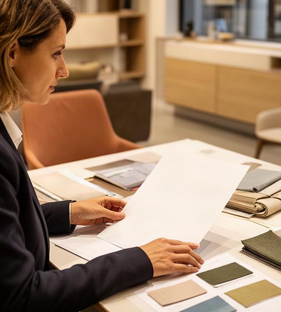 Consulente di arredamento che consulta una scheda progetto su un tavolo dello showroom di Trento