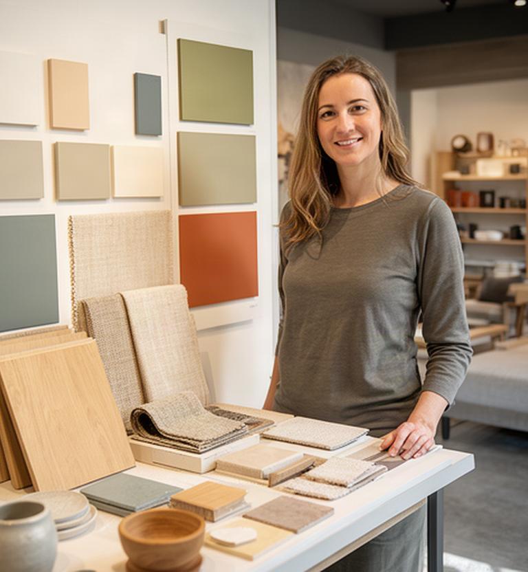 Consulente nello showroom di Trento accanto a campioni di legno, tessuti e ceramiche locali