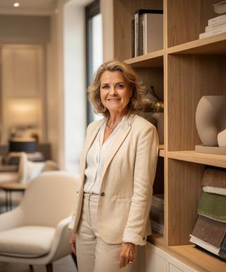 Gutu Angilberti, interior designer senior, accanto a una libreria nello showroom