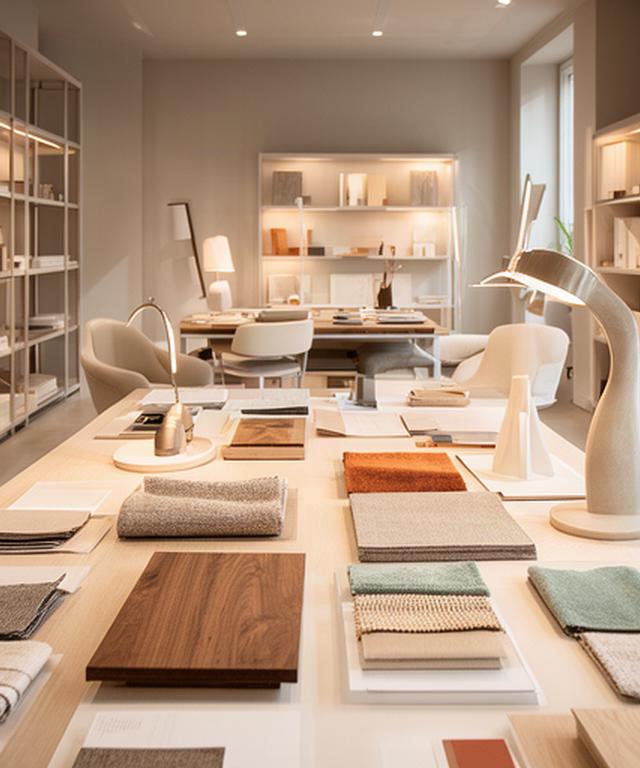 Interno dello showroom a Trento con campioni di legno, tessuti e lampade esposti su grandi tavoli