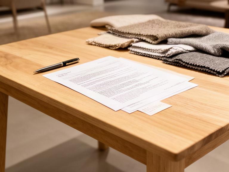 Tavolo in legno chiaro con documento legale, penna e campioni di tessuto in uno showroom di arredamento